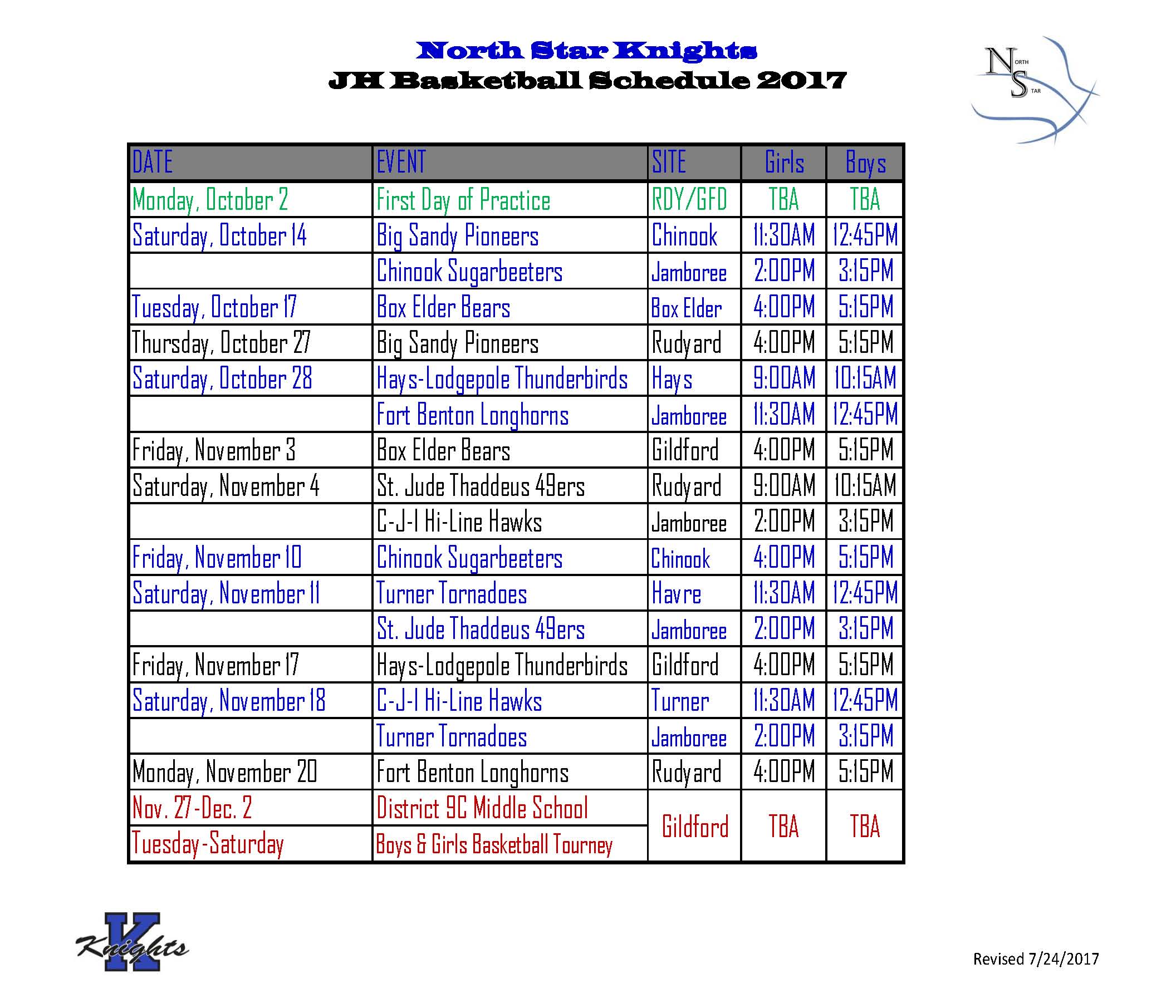 Boys Jr. High Schedule